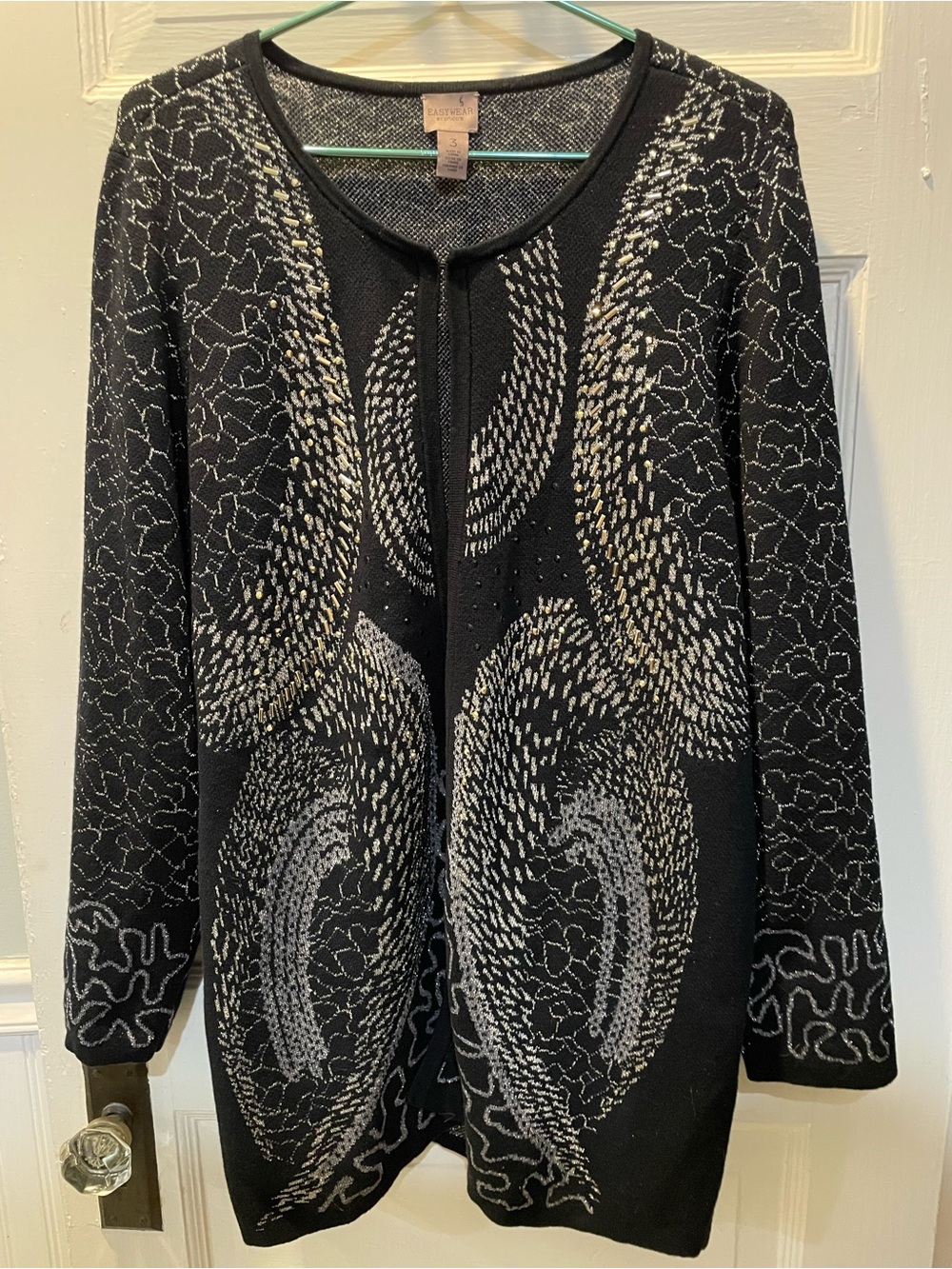 Chicos Black Open-Front Cardigan with Silver Bead Embellishments, Large